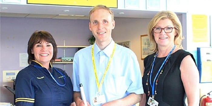 Jill Galvani (Director of Nursing and Midwifery), Ben Darby (Volunteer) and Kathy Orme (Volunteer Coordinator). Picture from Wirral University Teaching Hospital NHS Trust