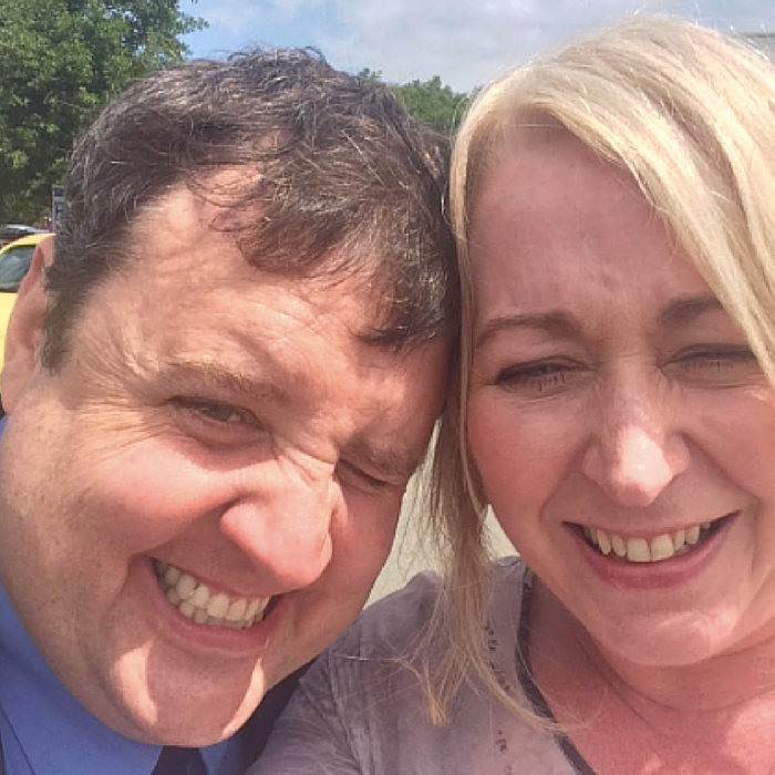 Local fan, Linsey Davies, meets Peter Kay during a break in filming