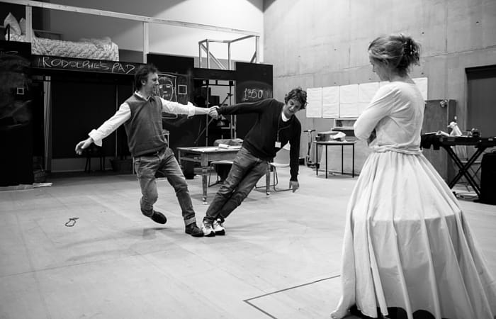 John Nicholson, Javier Marzan & Emma Fielding in_Madame Bovary rehearsals PIC: Brian Roberts.