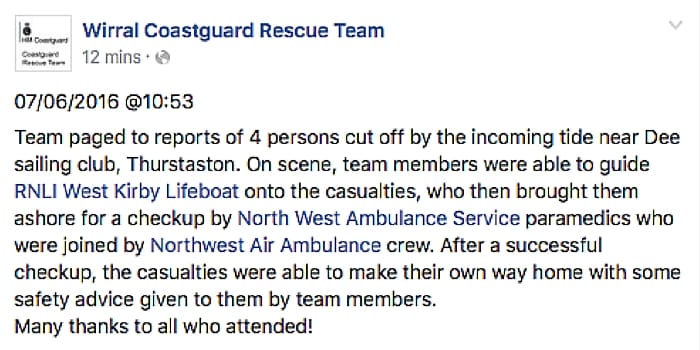 Report of incident from Wirral coastguard Facebook page