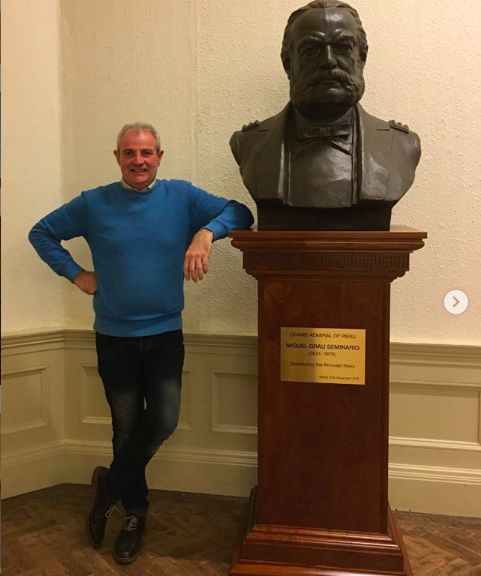Steven Casey with bronze bust donated to Wirral by the Peruvian Navy