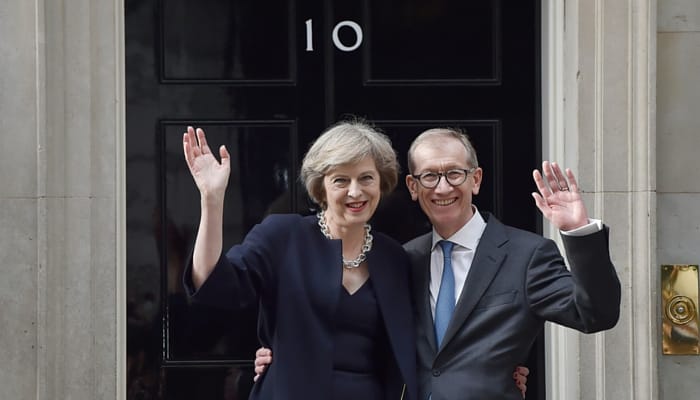 Teresa May with husband Philip outside Number 10