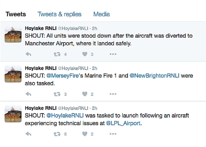 Hoylake RNLI tweets about plane incident