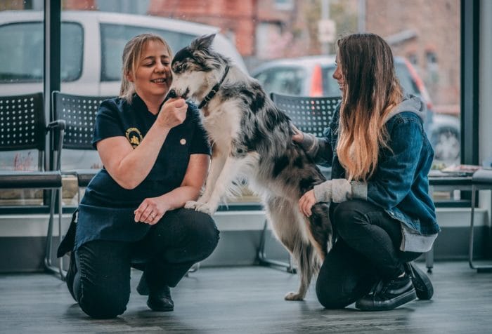 Vet Mel Pryer of Acorn Veterinary Centre and Jenny Witt are pictured with Maisie.
