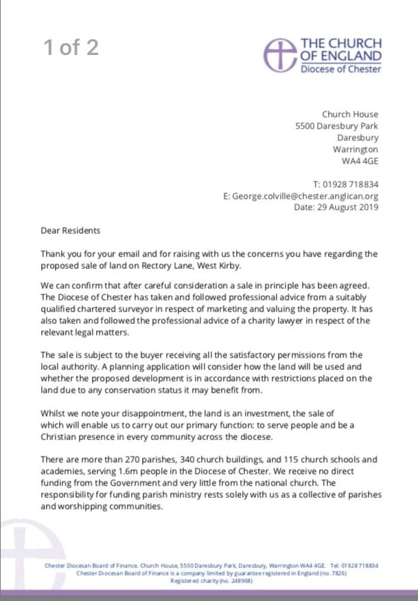 Letter from Diocese of Chester to local residents