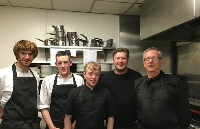 The West 34 kitchen team on Saturday night, including consultant chef Mark Broadbent (second from right) and head chef Robert Foster (right)
