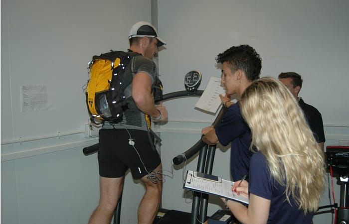 Closely monitored: Lee on the treadmill in 40C heat, closely monitored by students