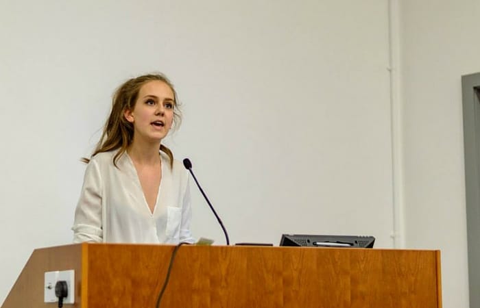 Lucy addresses a UK national session of the European Youth Parliament in Liverpool in June 2015