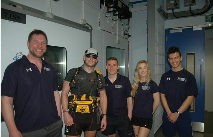 Outside the heat chamber, (left to right), Professor Ben Edwards, Lee Quinn, PHD student Jamie Pugh, third year student Emily Jevons and first year student Callum Dray