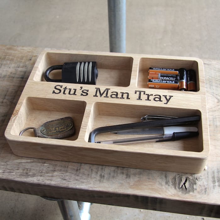 Personalised oak organiser man tray by Cleancut Wood