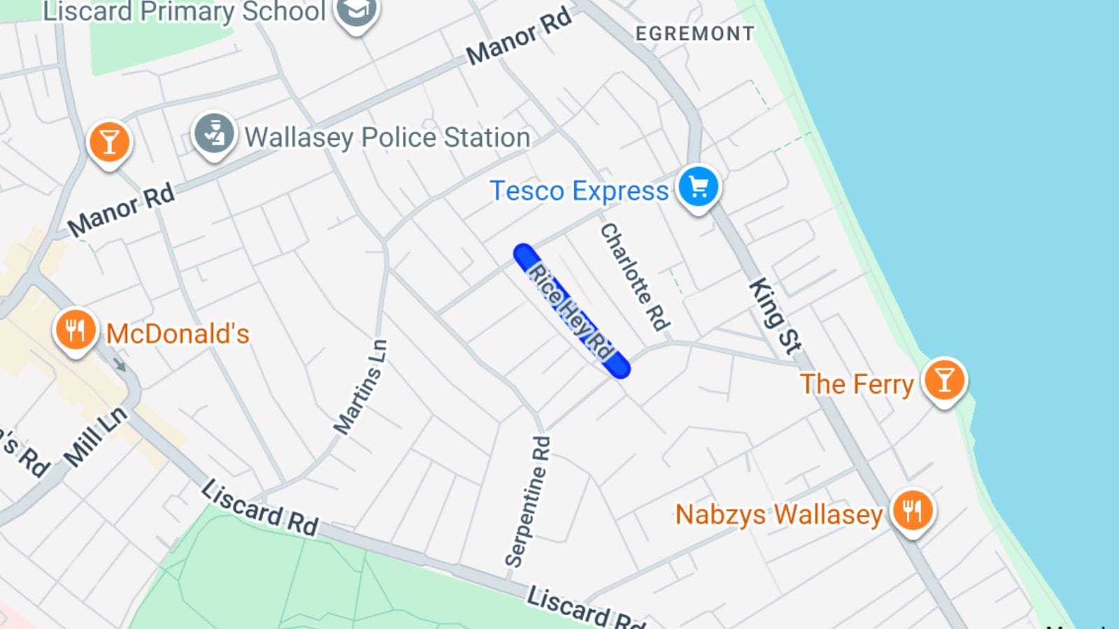 Google Maps view of Rice Hey Road, Wallasey.