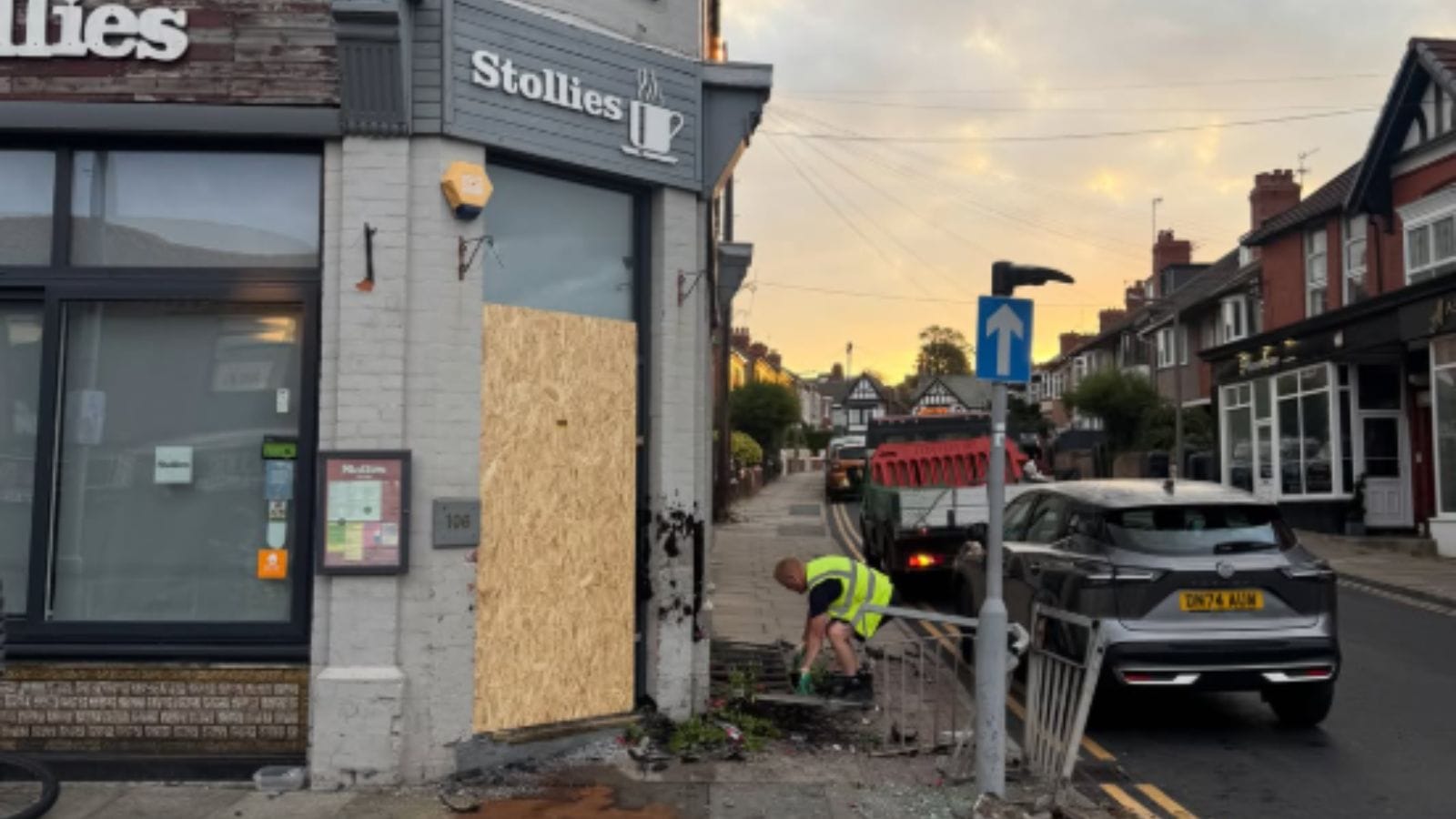 Stollies Cafe window smashed.