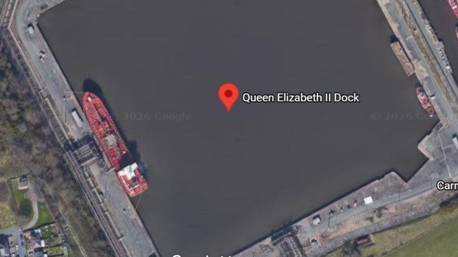 The Queen Elizabeth II dock in Eastham view from Google.