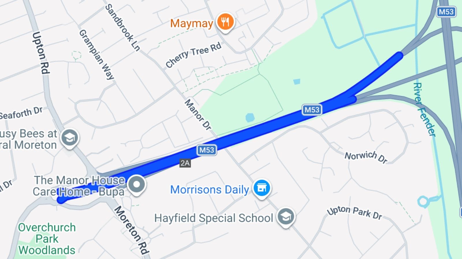 Google Maps view of the M53 Moreton Spur.