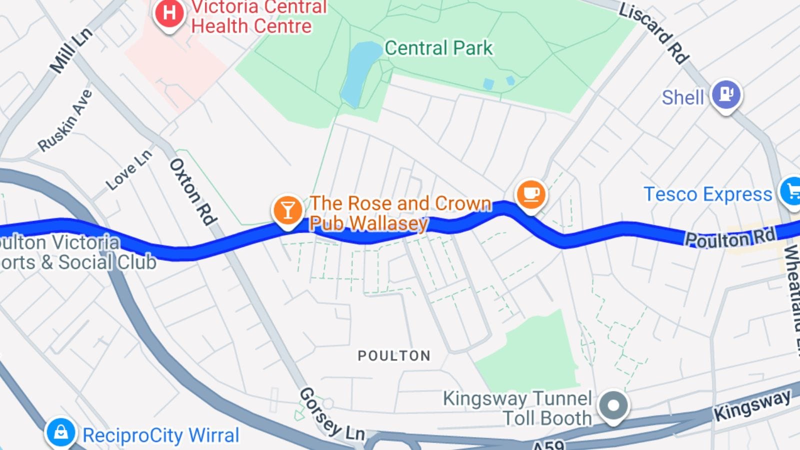 Google Maps view of Poulton Road in Wallasey.