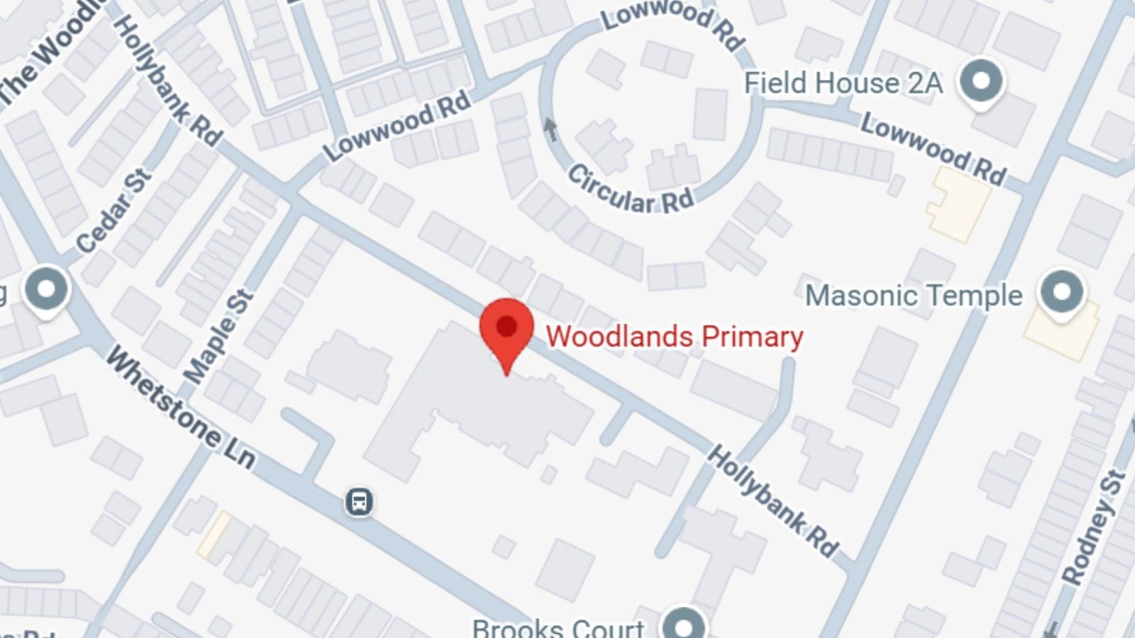 Google Maps view of Woodlands Primary School, Birkenhead.