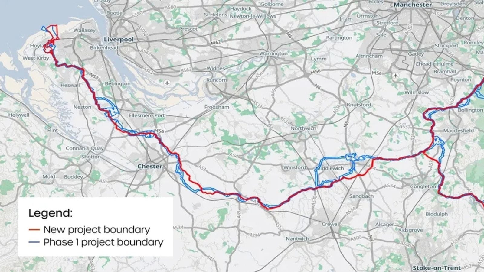 Route of the old and new Peak Cluster pipeline through Merseyside.