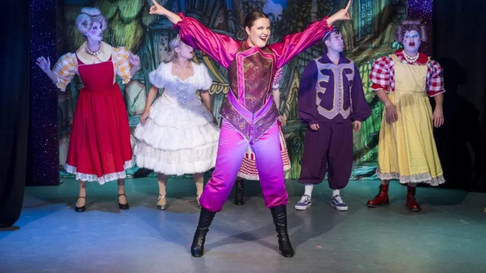 Cast on stage for Tinderella, adult musical of Cinderella. 