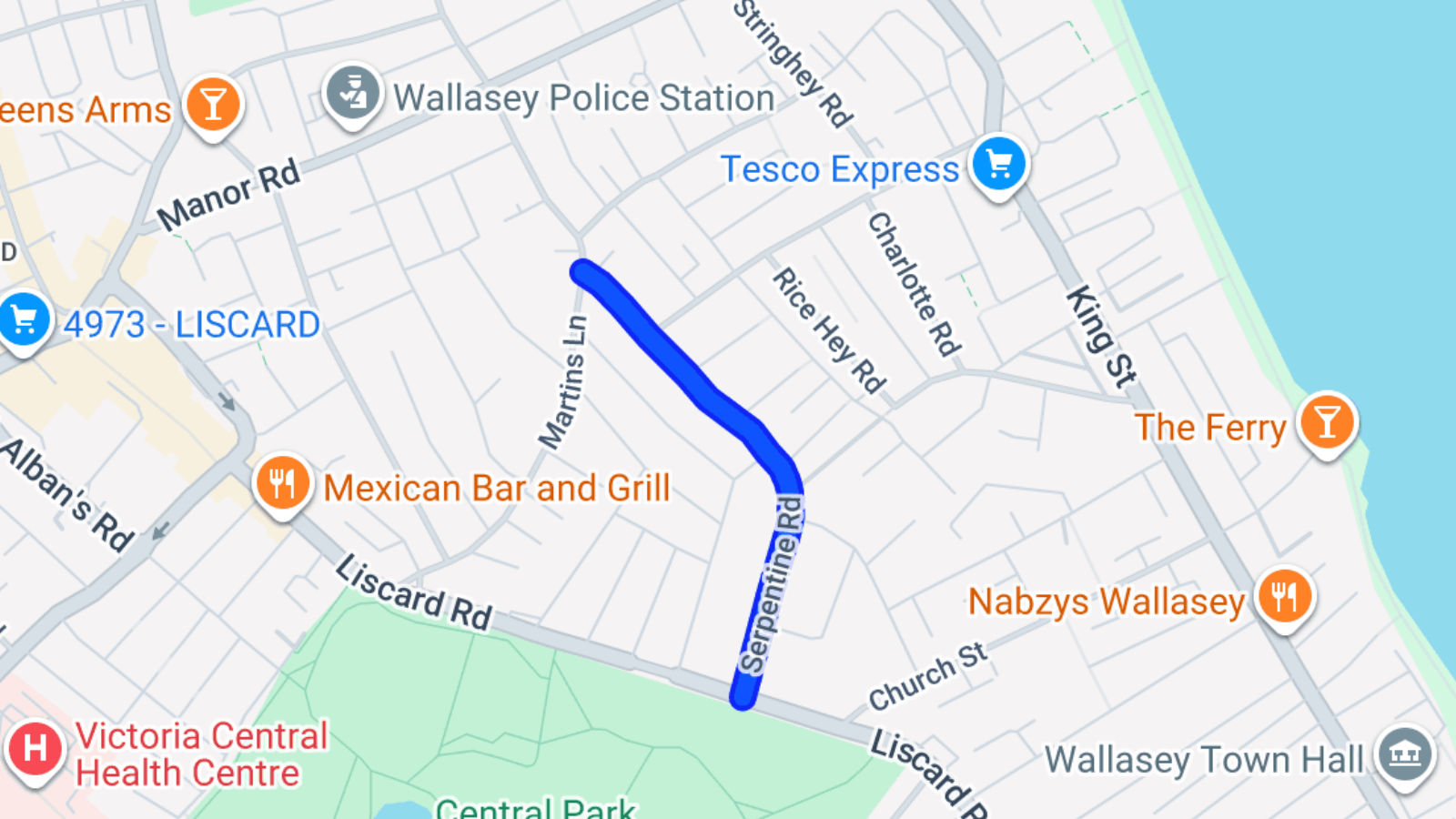 Google Maps view of Serpentine Road, Liscard.