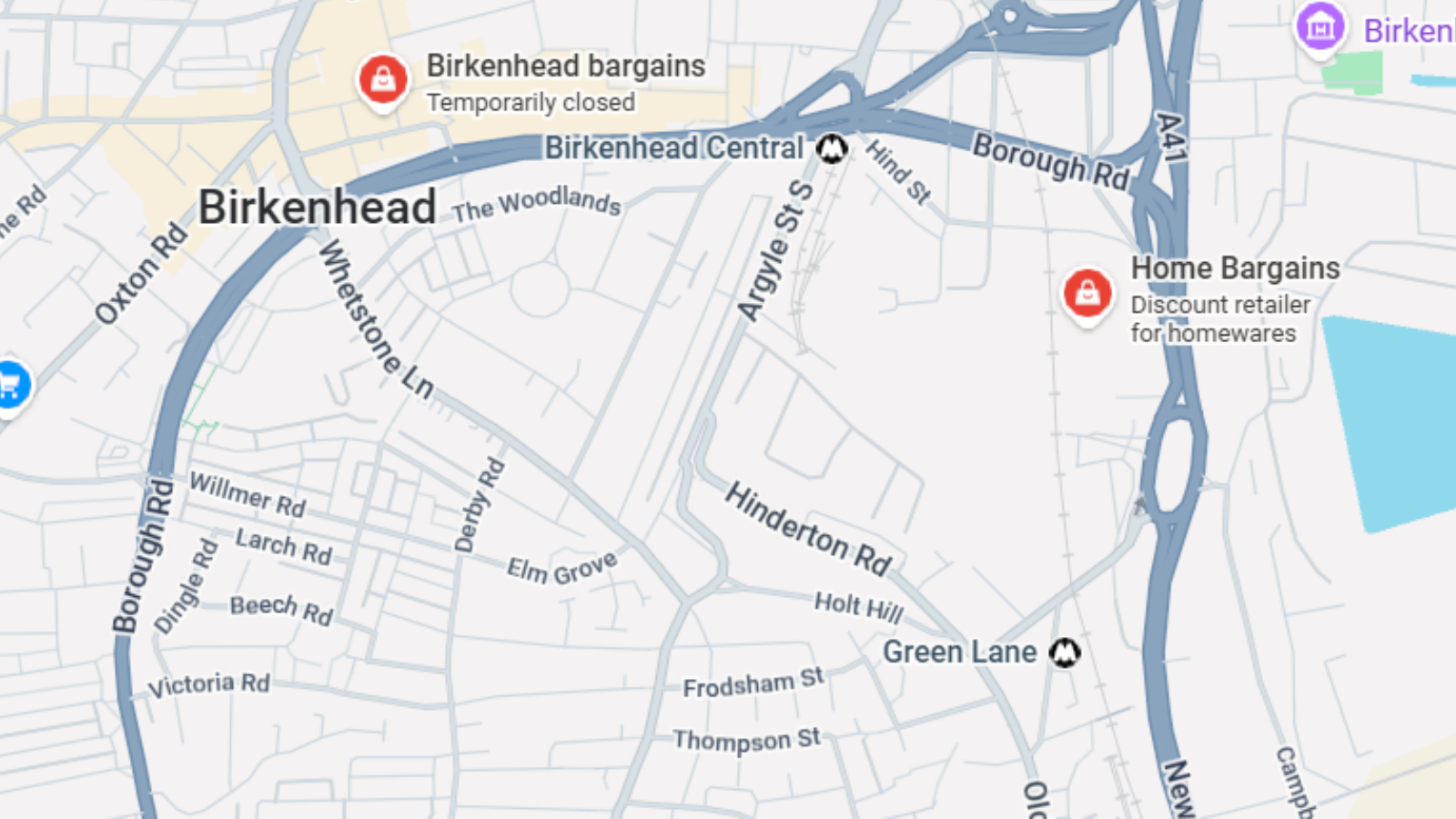 Google Maps view of Birkenhead Bargains on Grange Road.