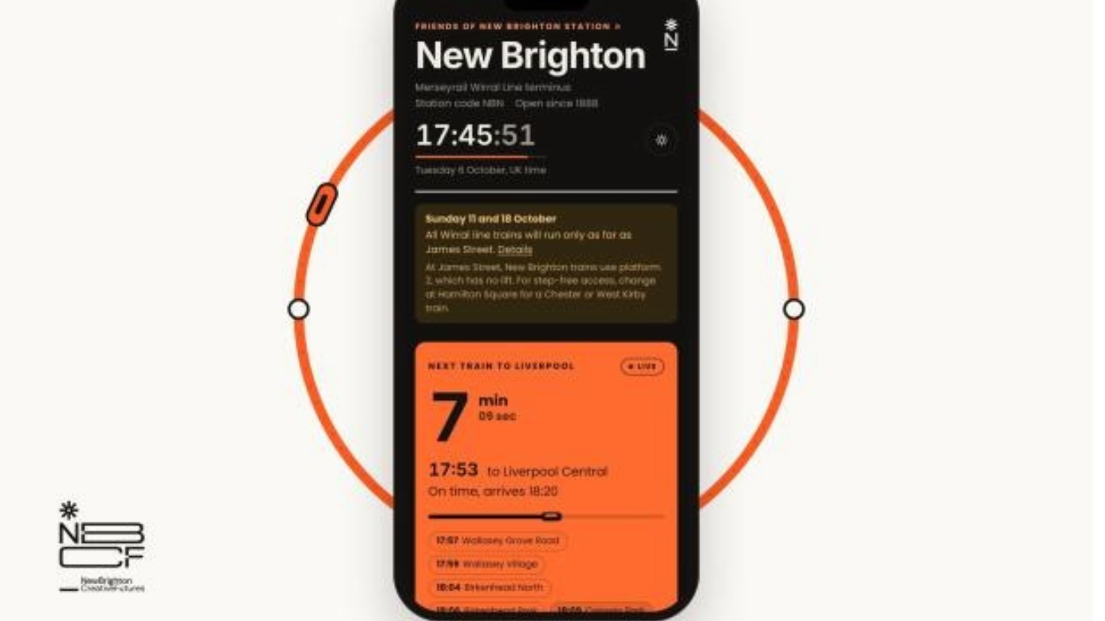 A photo of the live digital train board created by New Brighton Creative Futures.