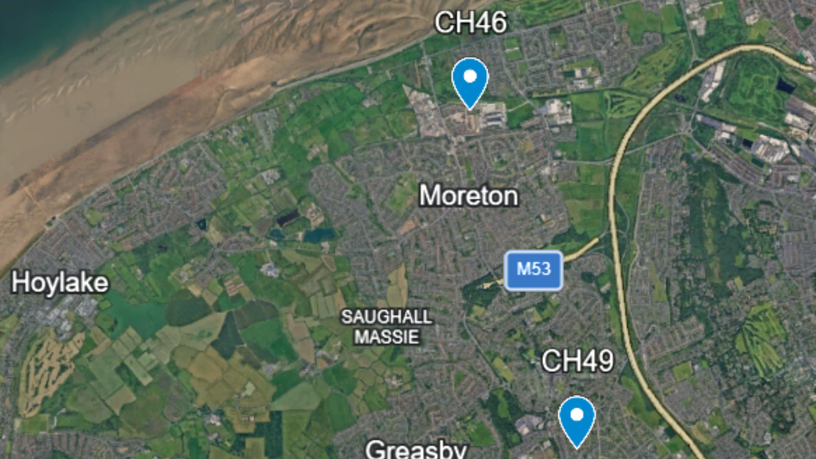 Google Earth view of Moreton and Upton, the CH46 and CH49 postcodes.