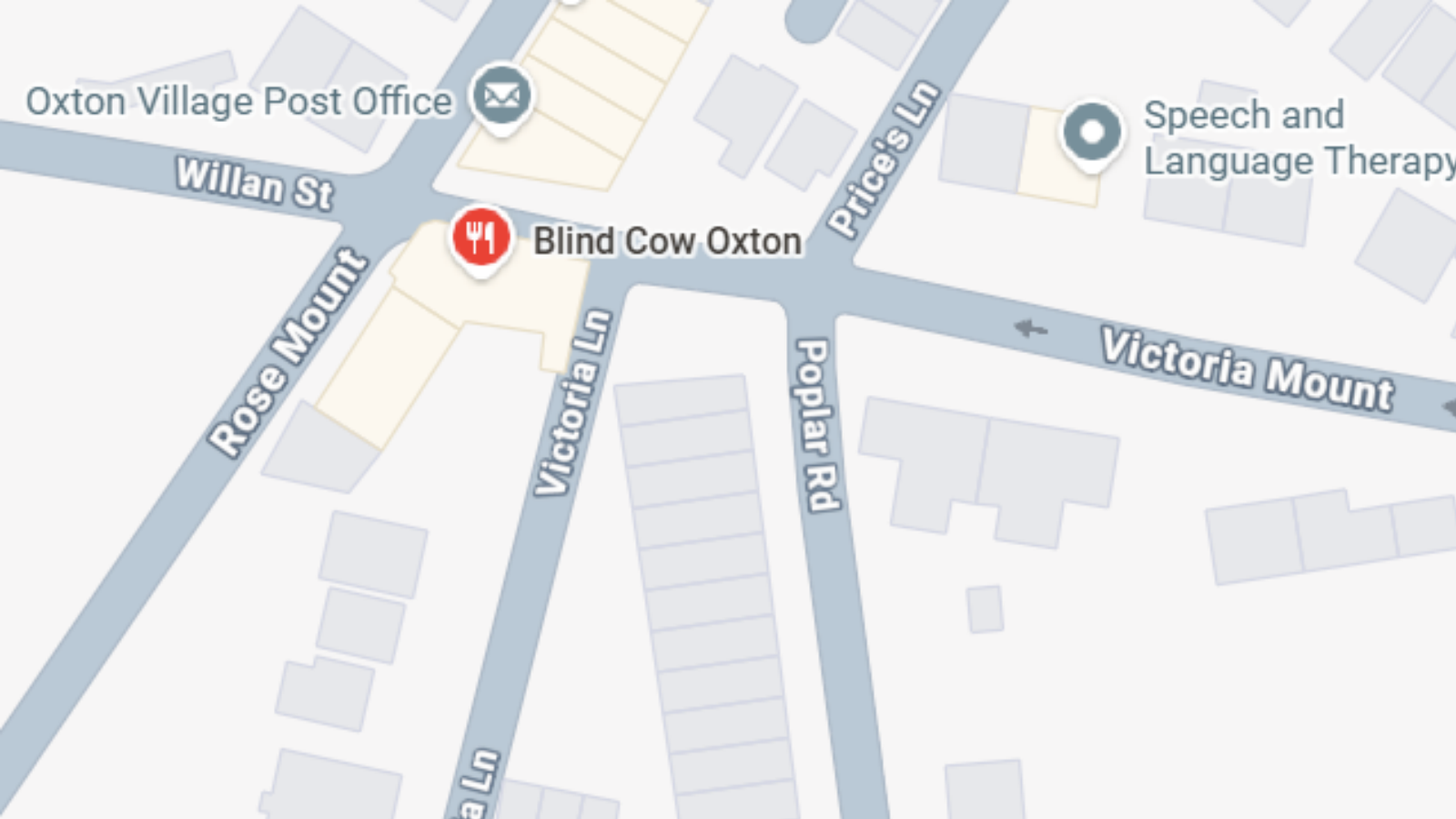 Google Maps location of the Blind Cow Oxton.