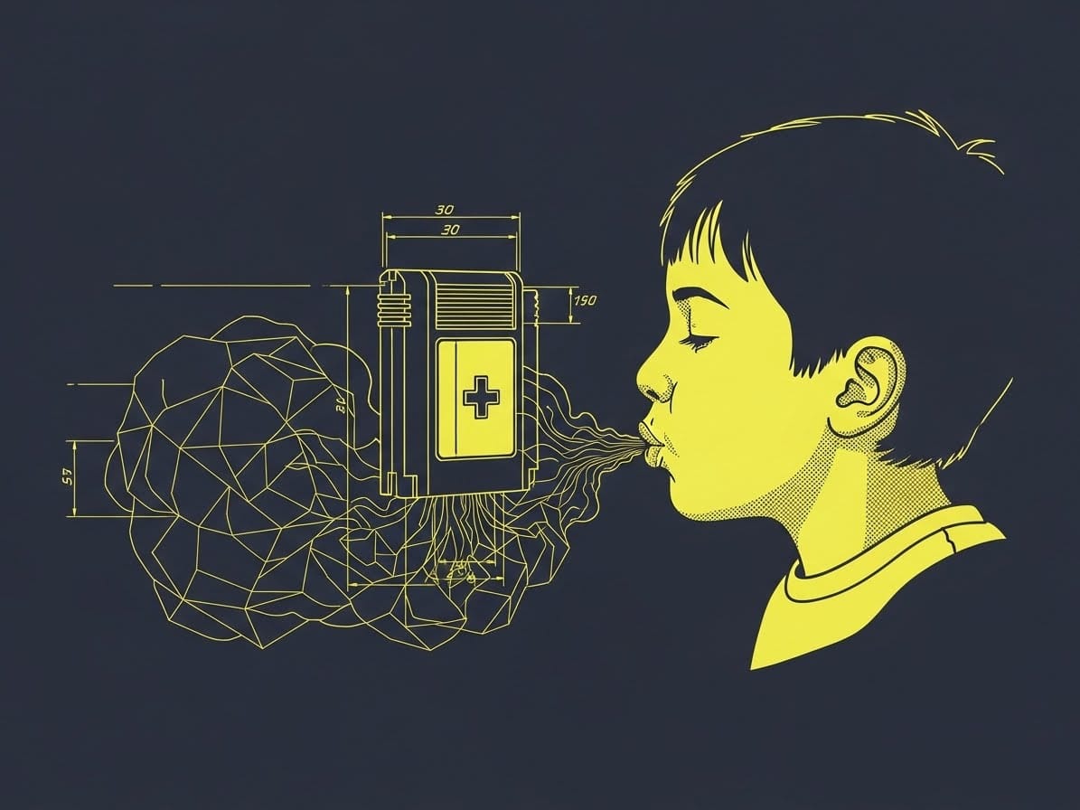 Vintage game cartridge. Fine technical lines depict a geometric cloud of breath entering the base, illustrating the evolution of digital superstitions.