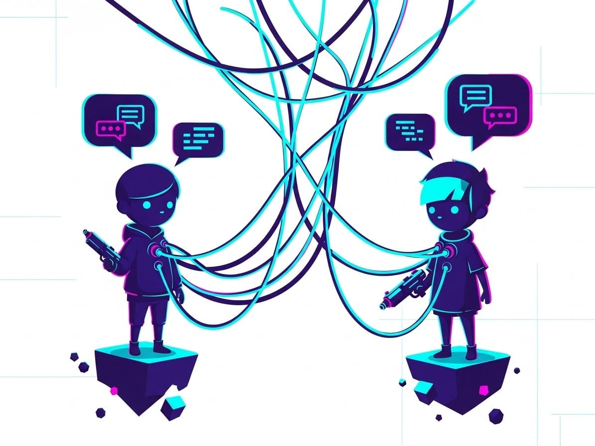 Two geometric child avatars connected by glowing data cables forming speech bubbles. Illustrates online gaming as a social space for conversation rather than just combat.