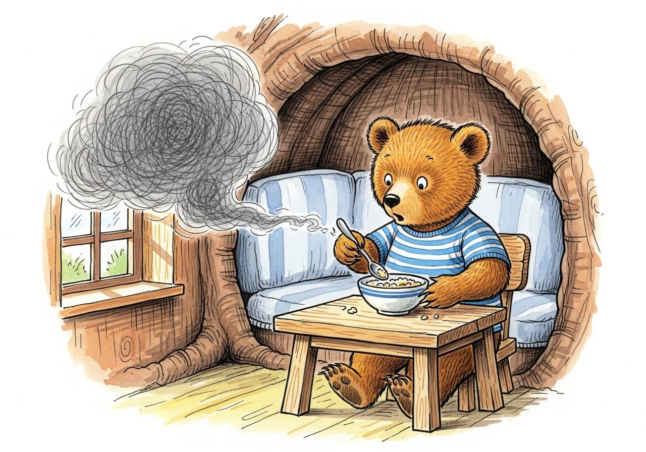 Inside a cozy tree home, the bear is startled by a dark scratchy cloud drifting in through the window, representing intrusive traumatic memories disrupting daily life.