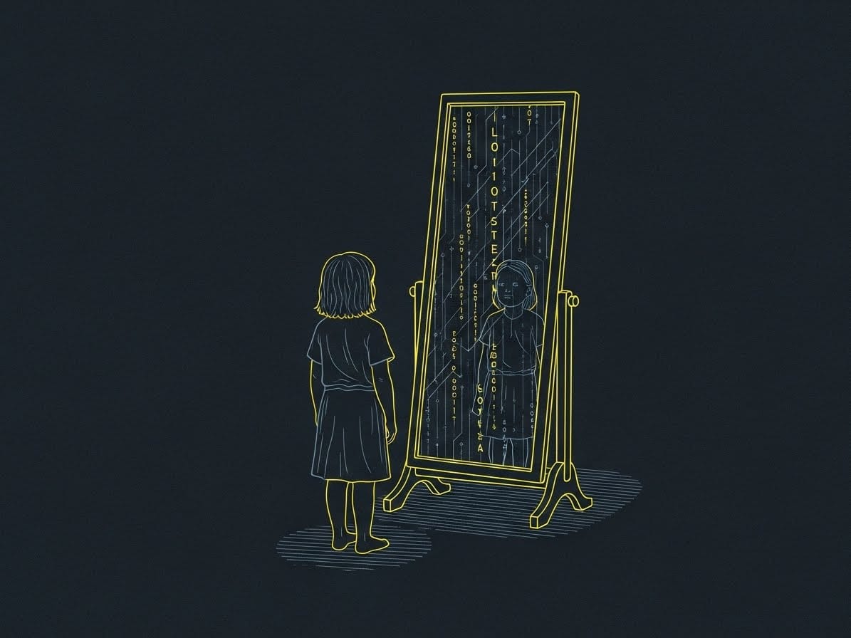 Thin-line silhouette of a child before a mirror reflecting a blank digital grid. A conceptual architectural illustration of the fear of being hidden by code.