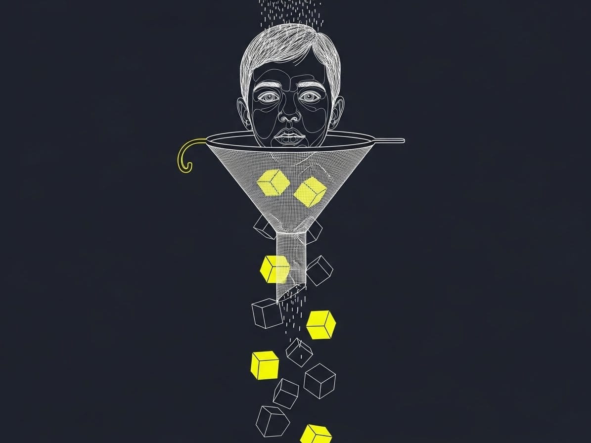 A child’s profile in fine lines being poured through a technical sieve, with only rigid cubes falling out. Represents algorithmic filtering of personality.