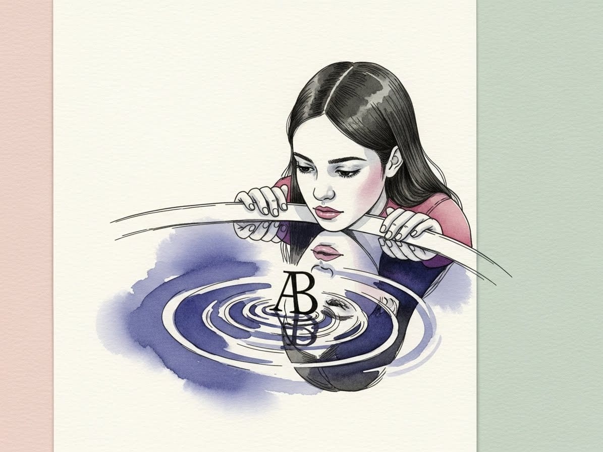 A girl peers into a pool of purple watercolor where her reflection is replaced by a letter grade. Represents the link between grades and personal value.