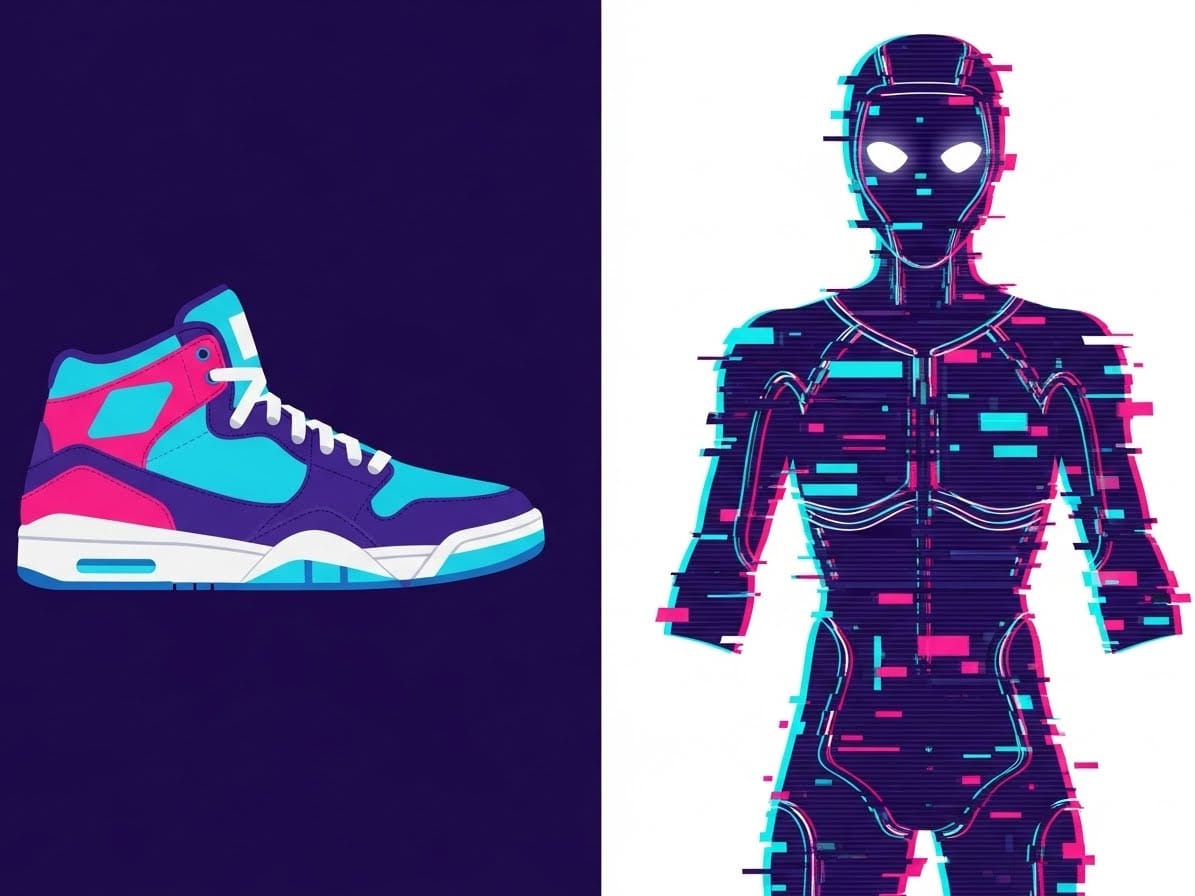 Split-panel illustration comparing status symbols. On the left, a 1990s high-top sneaker morphs into a glowing digital game character skin on the right.