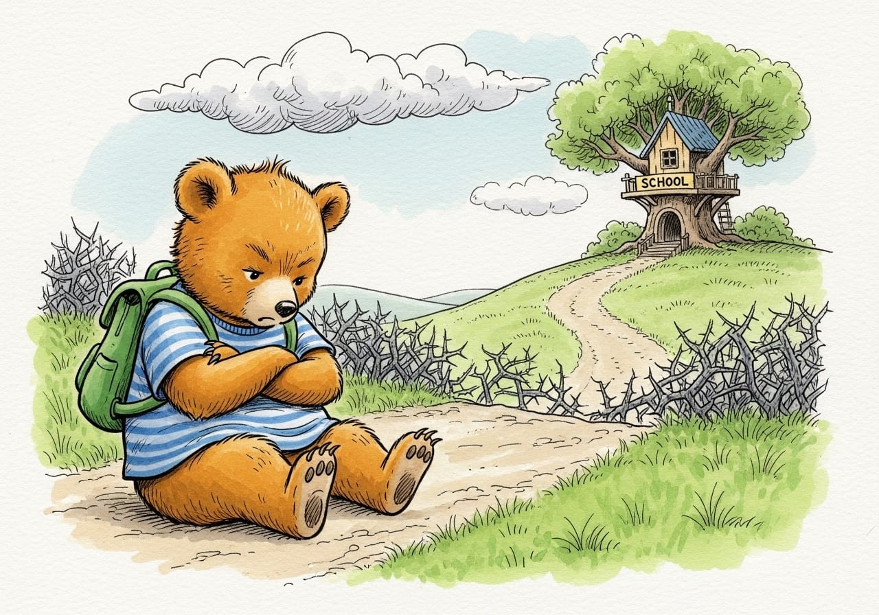 The bear sits stubbornly on a path, refusing to walk toward a schoolhouse blocked by brambles, illustrating the symptom of avoidance and the biological need for safety.