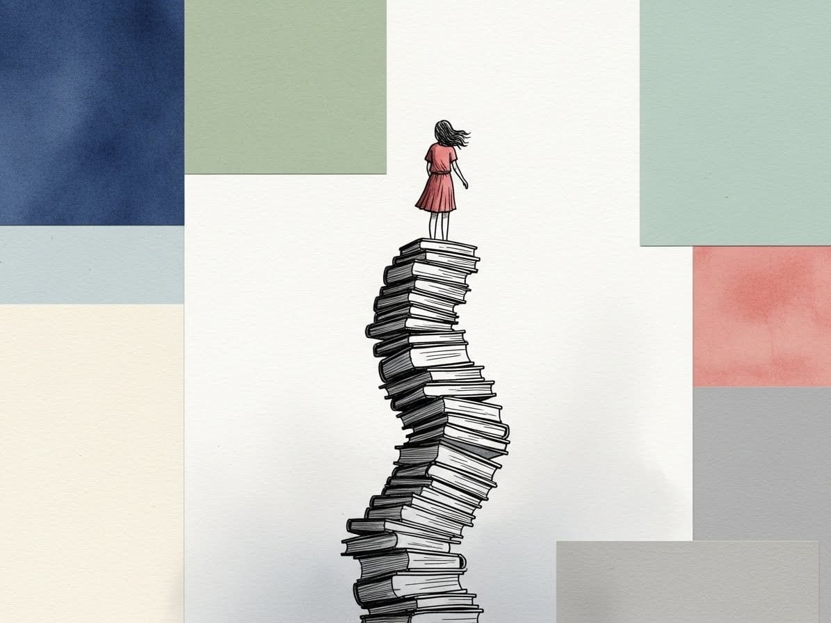A young woman stands atop a precariously tall stack of ink-drawn textbooks reaching into a grey wash. Illustrates the pressure to maintain high status.