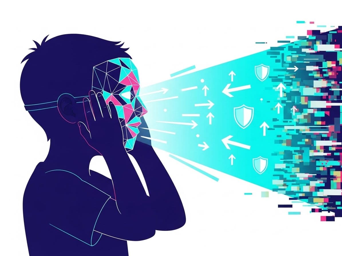 A child's profile putting on a glowing digital mask that projects an aura of confidence. Represents the sociological concept of "facework" and managing social reputation.