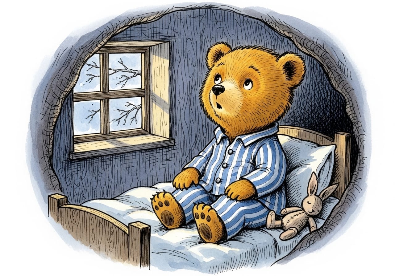 Nighttime scene of the bear sitting up in bed, wide awake and alert while a toy rabbit sleeps, visualizing the symptom of hyperarousal and the inability to let one's guard down.