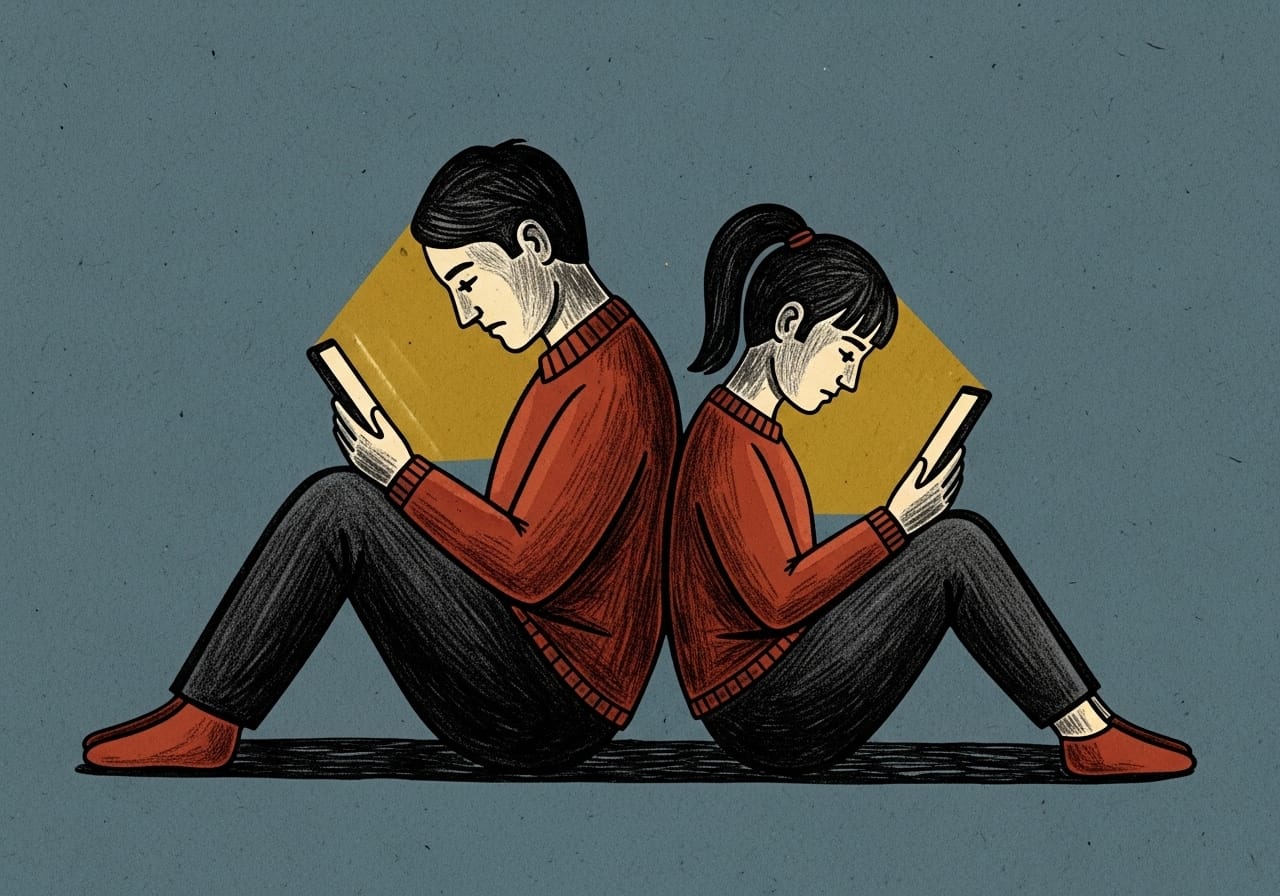 WPA-style illustration on slate blue paper showing a parent and teenager sitting back-to-back, both hunched over and illuminated by the mustard gold glow of their smartphones.