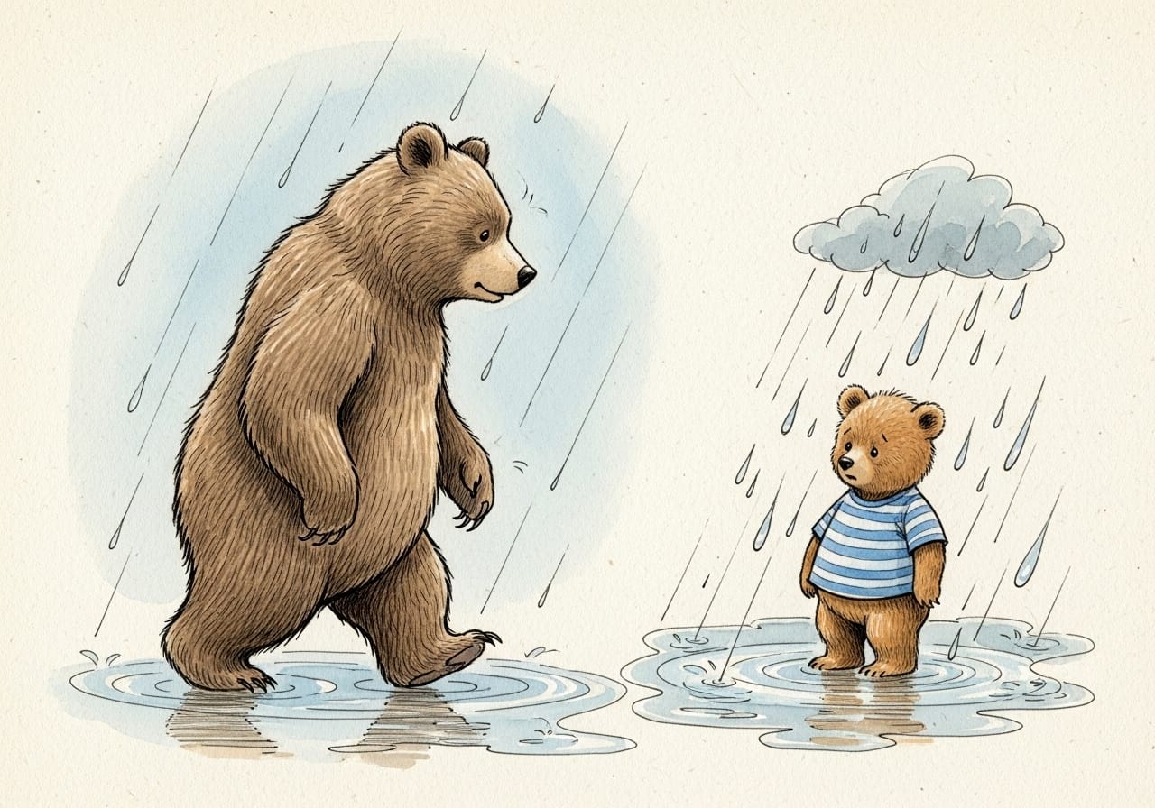 A tiny bear looks overwhelmed by rain puddles next to a confident adult bear, illustrating how younger children are more vulnerable to the psychological storm of bullying.