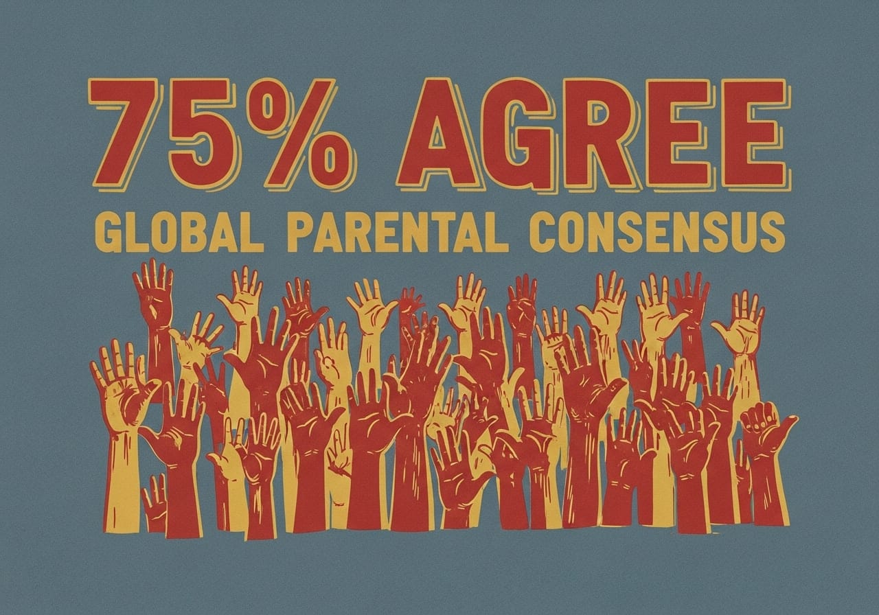 Graphic woodblock print on slate blue paper with a sea of raised hands and large text reading "75% AGREE" and "GLOBAL PARENTAL CONSENSUS" in brick red and mustard gold.