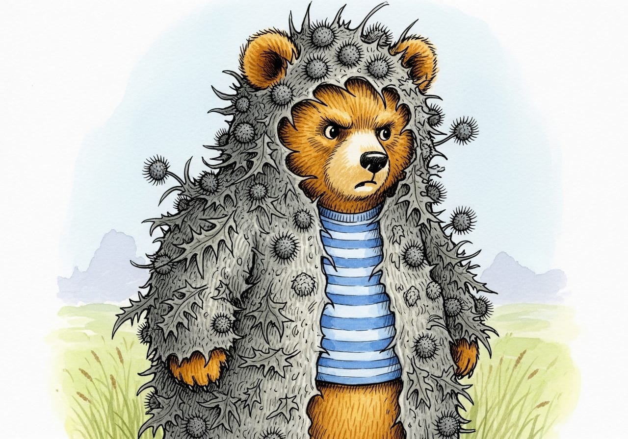 The bear wears a prickly coat of thorns, looking grumpy but hiding soft fur underneath, symbolizing how a bullied child might use aggression as a defensive armor.