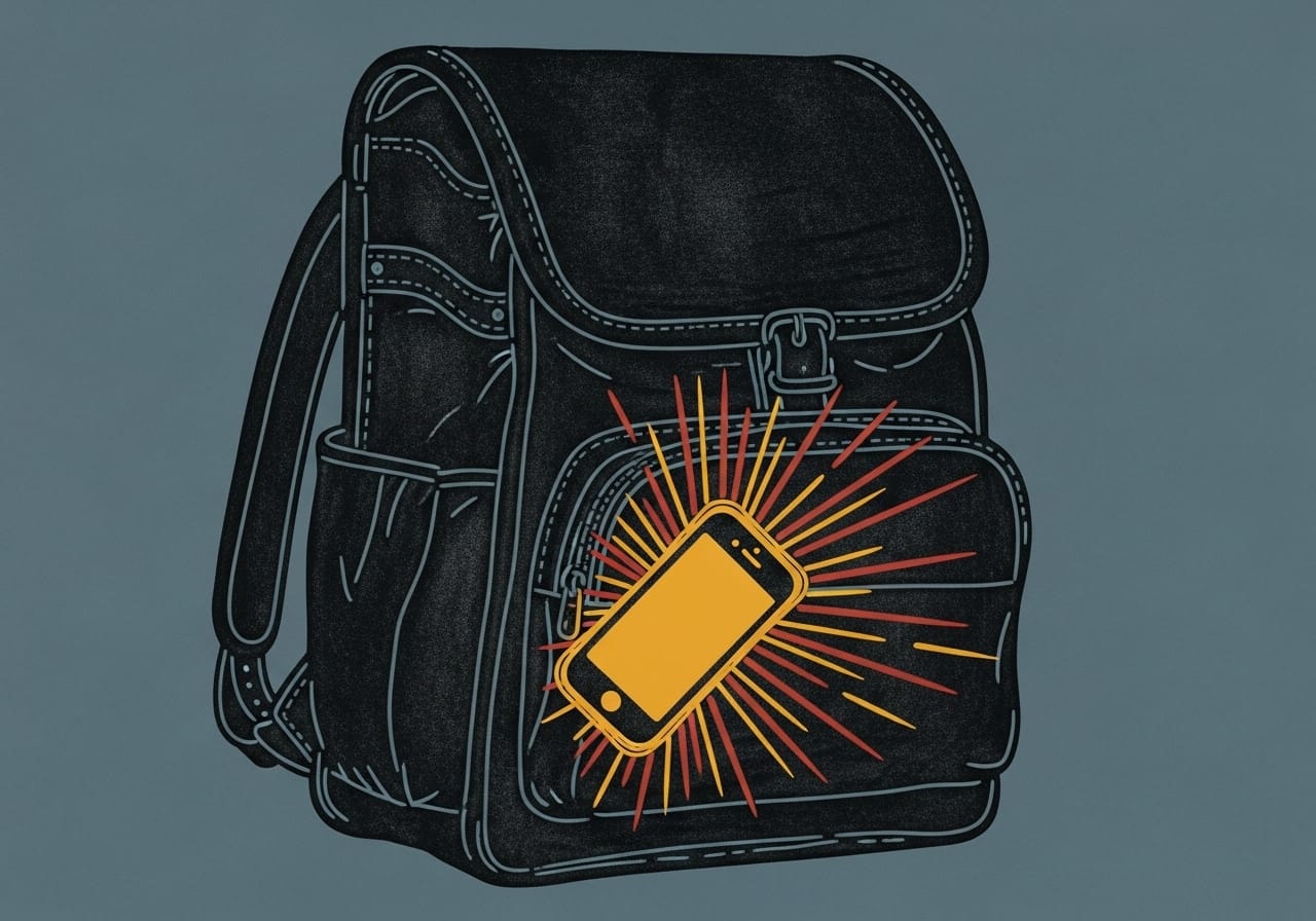 WPA poster illustration on slate blue paper showing a closed backpack with the glowing, vibrating silhouette of a smartphone attempting to burst through the fabric.