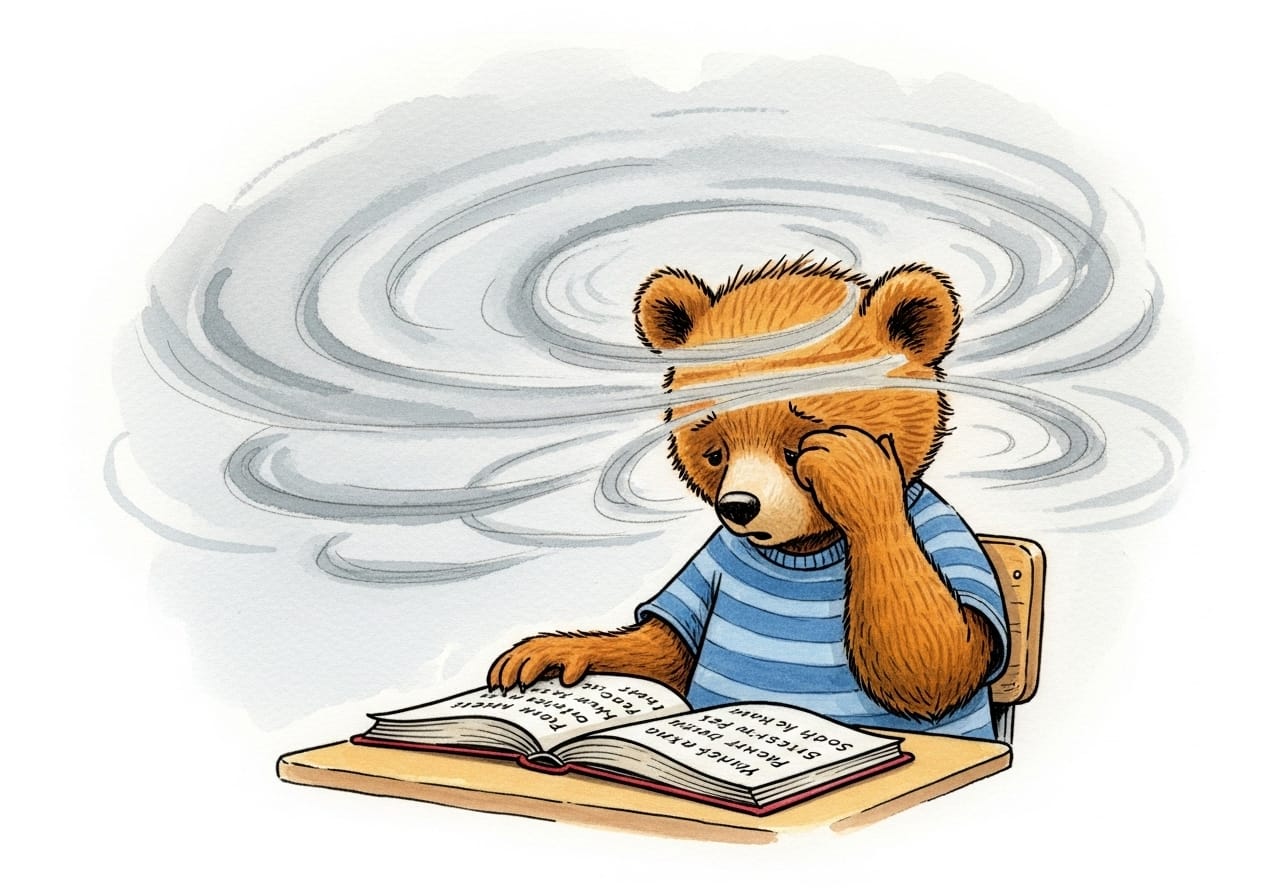 The bear tries to read at a desk, but a thick grey fog swirls around his head obscuring the words, illustrating how the brain in survival mode blocks learning and focus.