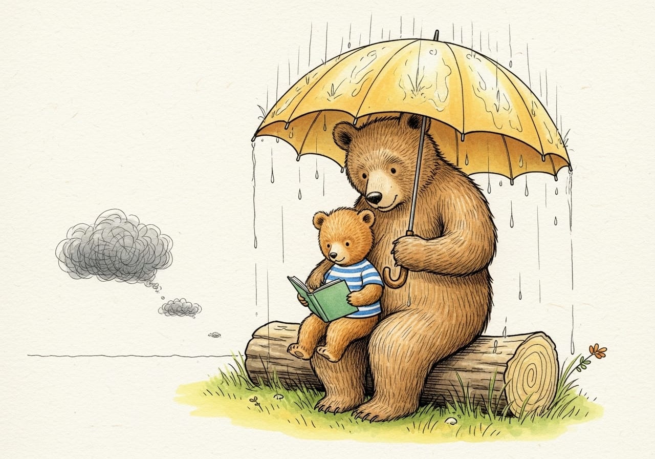 A large adult bear holds a warm yellow umbrella over the small bear, protecting him from rain while they read, representing the healing power of safety and parental support.