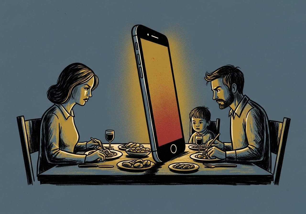 WPA-style graphic on slate blue paper showing a family at a dinner table, separated and blocked from viewing each other by a giant, glowing smartphone monolith in the center.