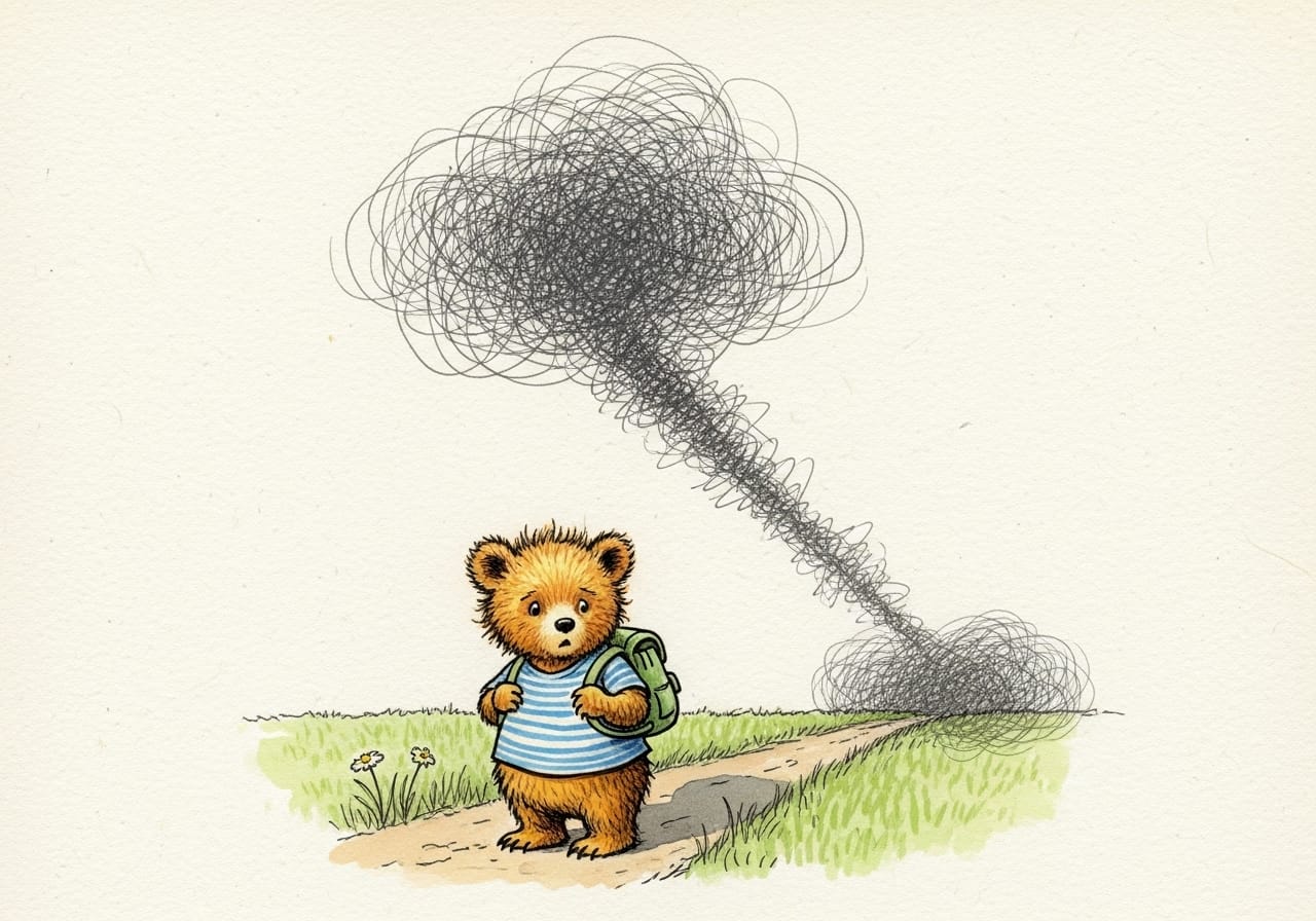 Illustration of a small bear in a blue shirt on a path. A dark, scratchy cloud hovers behind him casting a shadow, symbolizing the lingering presence of bullying.