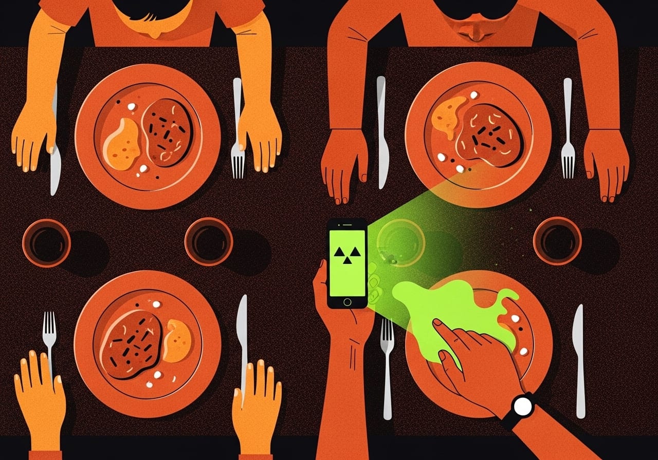 Top-down view of a family dinner. A parent's hand holds a smartphone on a plate, emitting a harsh lime-green glow that spills over the food, representing digital distraction at meals.