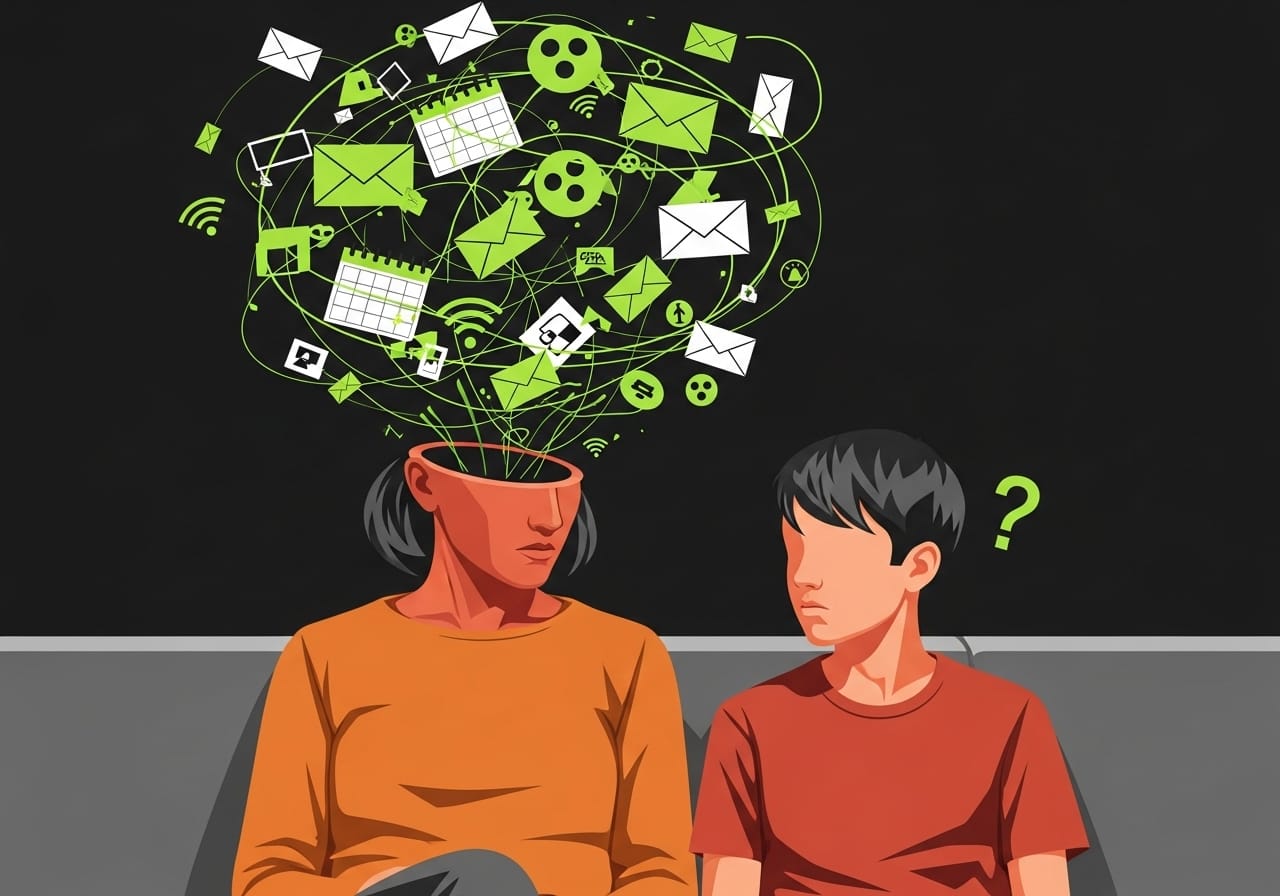 A parent sitting next to a teen, but the parent's head is a swirling cloud of green notification icons and symbols, visualizing the mental distraction of "availability ambiguity."