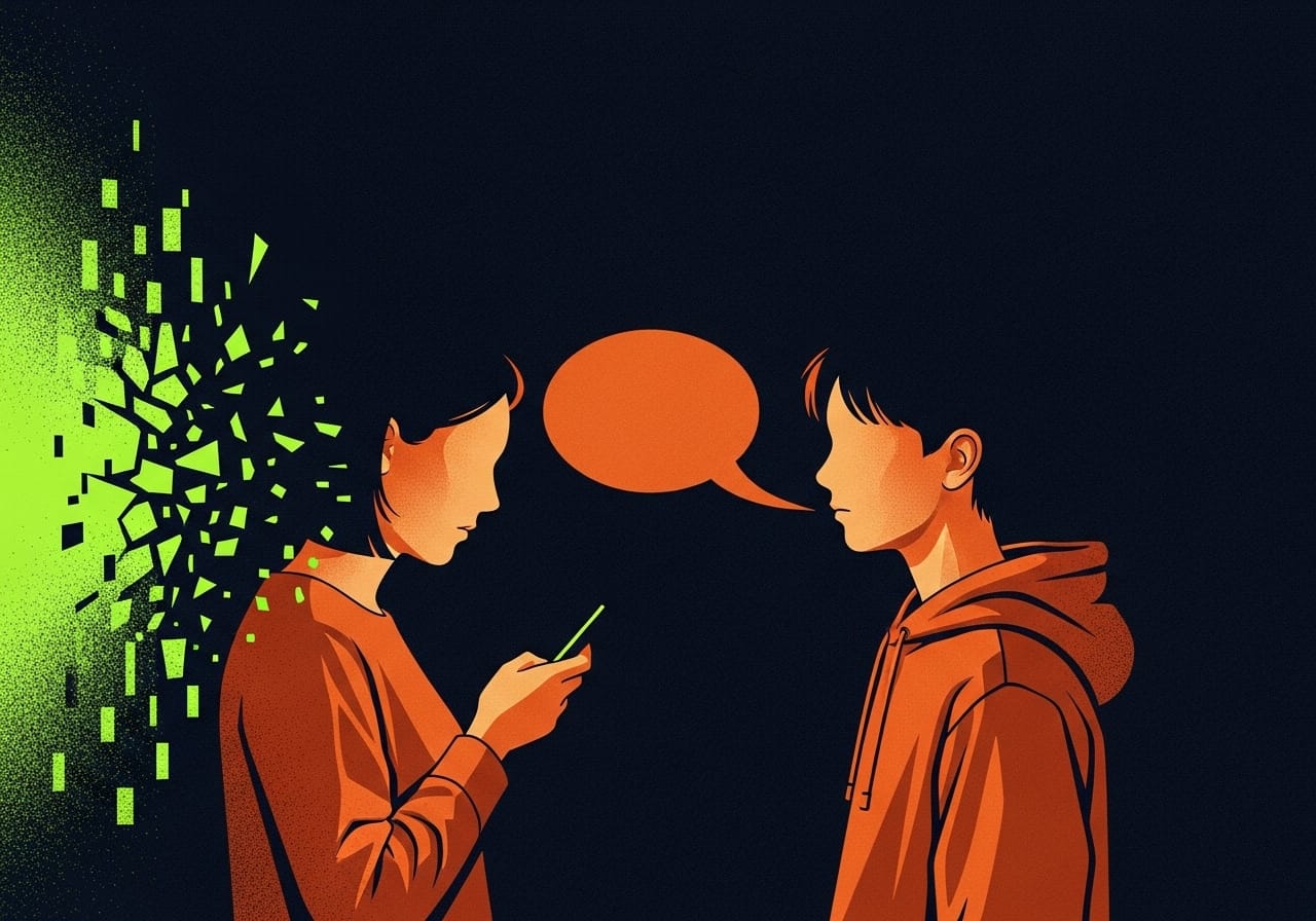Profile of a teen speaking, but their speech bubble shatters against a jagged green barrier of static coming from the parent's phone, illustrating ignored communication.